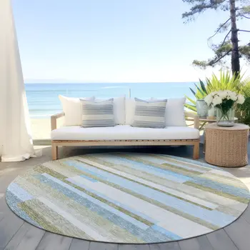 8' Sky Blue And Denim Blue Round Striped Washable Indoor Outdoor Area Rug