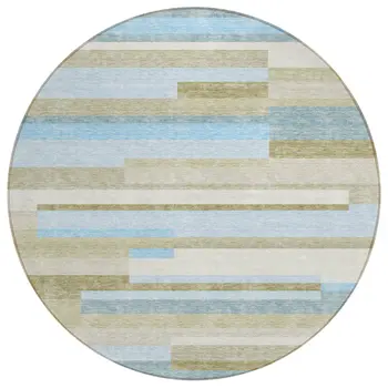 8' Sky Blue And Denim Blue Round Striped Washable Indoor Outdoor Area Rug