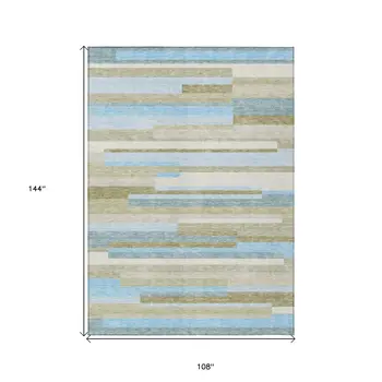 9' X 12' Sky Blue And Denim Blue Striped Washable Indoor Outdoor Area Rug