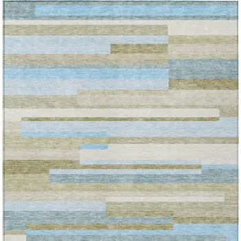 9' X 12' Sky Blue And Denim Blue Striped Washable Indoor Outdoor Area Rug