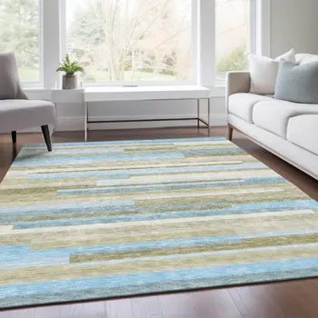 9' X 12' Sky Blue And Denim Blue Striped Washable Indoor Outdoor Area Rug