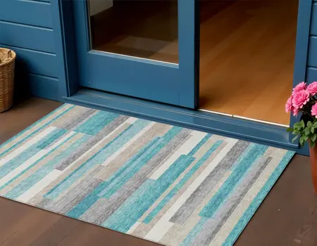 3' X 5' Teal Blue Gray And Beige Striped Washable Indoor Outdoor Area Rug