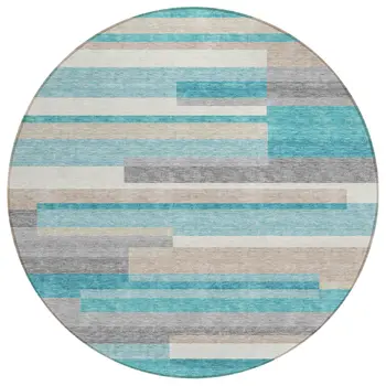 8' Teal Blue Gray And Beige Round Striped Washable Indoor Outdoor Area Rug