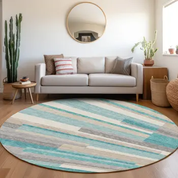 8' Teal Blue Gray And Beige Round Striped Washable Indoor Outdoor Area Rug