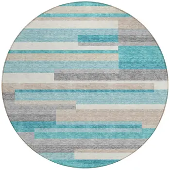 8' Teal Blue Gray And Beige Round Striped Washable Indoor Outdoor Area Rug