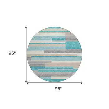 8' Teal Blue Gray And Beige Round Striped Washable Indoor Outdoor Area Rug
