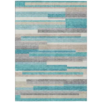 8' X 10' Teal Blue Gray And Beige Striped Washable Indoor Outdoor Area Rug