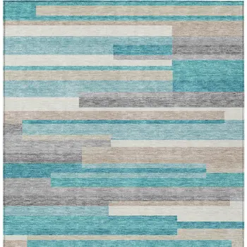 8' X 10' Teal Blue Gray And Beige Striped Washable Indoor Outdoor Area Rug