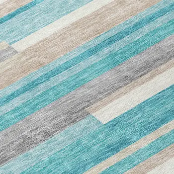 8' X 10' Teal Blue Gray And Beige Striped Washable Indoor Outdoor Area Rug