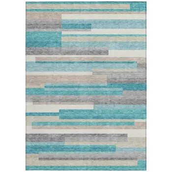 9' X 12' Teal Blue Gray And Beige Striped Washable Indoor Outdoor Area Rug