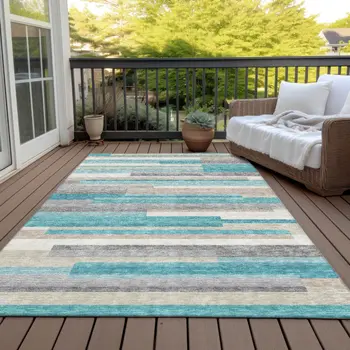 9' X 12' Teal Blue Gray And Beige Striped Washable Indoor Outdoor Area Rug