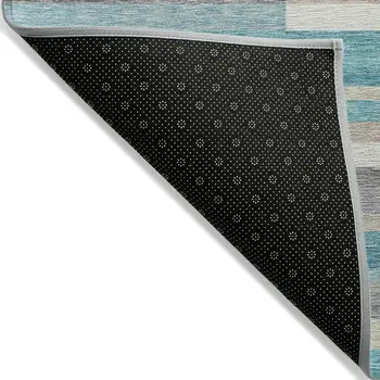 9' X 12' Teal Blue Gray And Beige Striped Washable Indoor Outdoor Area Rug