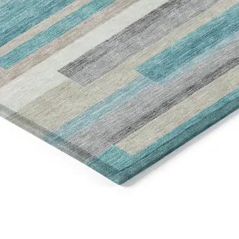 9' X 12' Teal Blue Gray And Beige Striped Washable Indoor Outdoor Area Rug