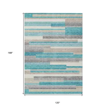 10' X 14' Teal Blue Gray And Beige Striped Washable Indoor Outdoor Area Rug