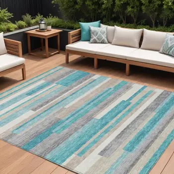 10' X 14' Teal Blue Gray And Beige Striped Washable Indoor Outdoor Area Rug