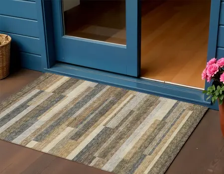 3' X 5' Taupe Beige And Charcoal Striped Washable Indoor Outdoor Area Rug