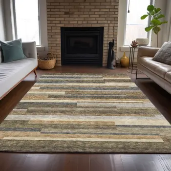 3' X 5' Taupe Beige And Charcoal Striped Washable Indoor Outdoor Area Rug