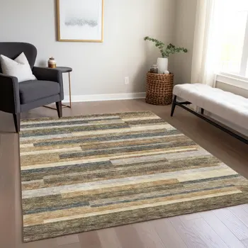 3' X 5' Taupe Beige And Charcoal Striped Washable Indoor Outdoor Area Rug