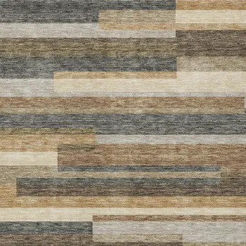 5' X 8' Taupe Beige And Charcoal Striped Washable Indoor Outdoor Area Rug