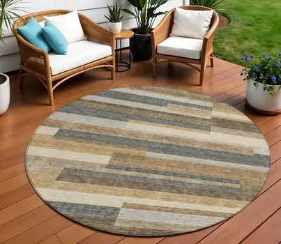 8' Taupe Beige And Charcoal Round Striped Washable Indoor Outdoor Area Rug