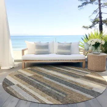8' Taupe Beige And Charcoal Round Striped Washable Indoor Outdoor Area Rug