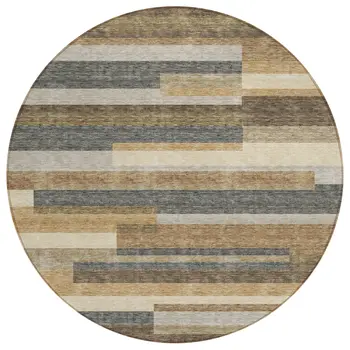 8' Taupe Beige And Charcoal Round Striped Washable Indoor Outdoor Area Rug