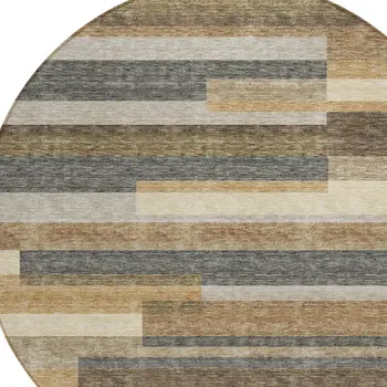 8' Taupe Beige And Charcoal Round Striped Washable Indoor Outdoor Area Rug