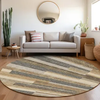 8' Taupe Beige And Charcoal Round Striped Washable Indoor Outdoor Area Rug