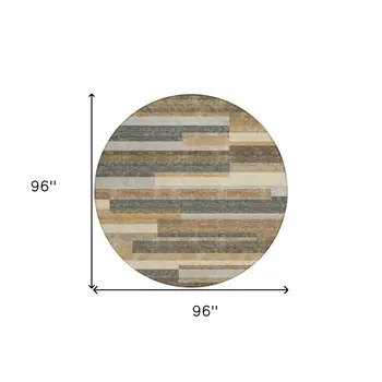 8' Taupe Beige And Charcoal Round Striped Washable Indoor Outdoor Area Rug