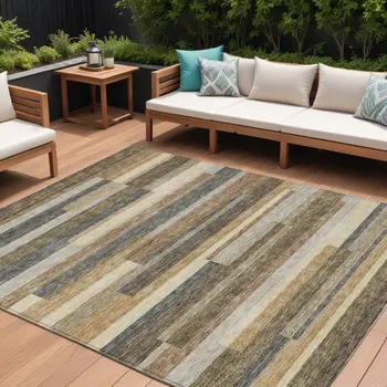 9' X 12' Taupe Beige And Charcoal Striped Washable Indoor Outdoor Area Rug