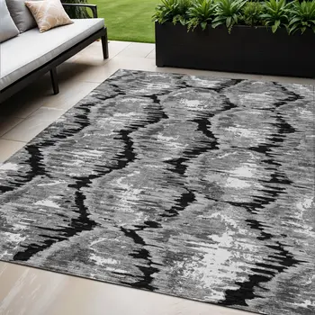 5' X 8' Black Charcoal And Silver Abstract Washable Indoor Outdoor Area Rug