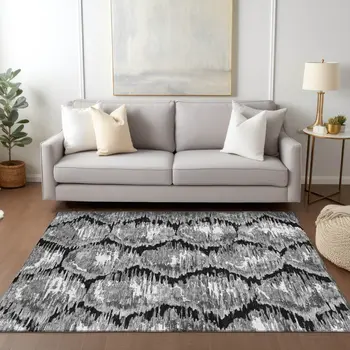 5' X 8' Black Charcoal And Silver Abstract Washable Indoor Outdoor Area Rug