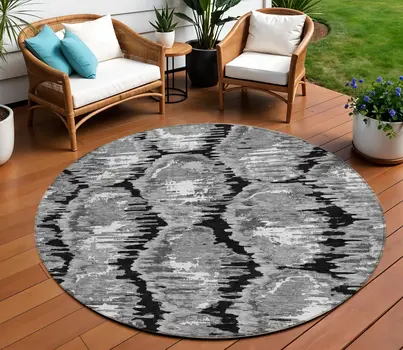 8' Black Charcoal And Silver Round Abstract Washable Indoor Outdoor Area Rug