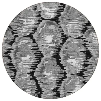 8' Black Charcoal And Silver Round Abstract Washable Indoor Outdoor Area Rug