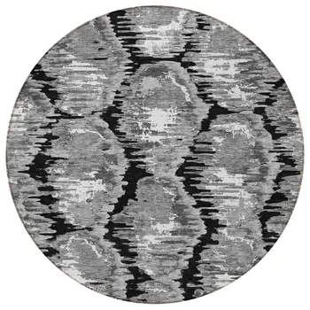 8' Black Charcoal And Silver Round Abstract Washable Indoor Outdoor Area Rug