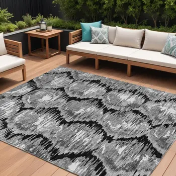 9' X 12' Black Charcoal And Silver Abstract Washable Indoor Outdoor Area Rug