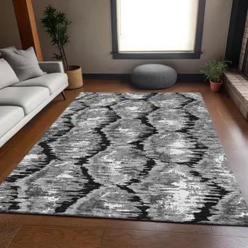 9' X 12' Black Charcoal And Silver Abstract Washable Indoor Outdoor Area Rug