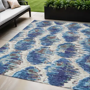 5' X 8' Denim Blue And Sky Blue Abstract Washable Indoor Outdoor Area Rug