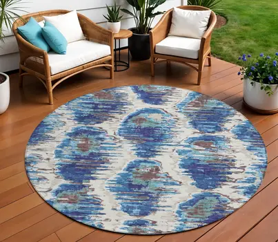 8' Denim Blue And Sky Blue Round Abstract Washable Indoor Outdoor Area Rug