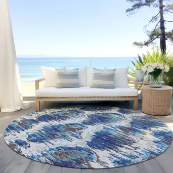 8' Denim Blue And Sky Blue Round Abstract Washable Indoor Outdoor Area Rug