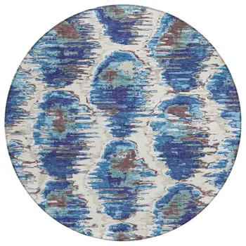 8' Denim Blue And Sky Blue Round Abstract Washable Indoor Outdoor Area Rug