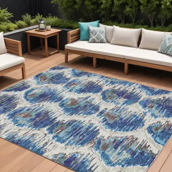 10' X 14' Denim Blue And Sky Blue Abstract Washable Indoor Outdoor Area Rug