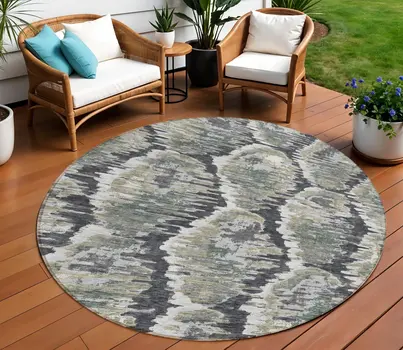 8' Charcoal Gray And Silver Round Abstract Washable Indoor Outdoor Area Rug
