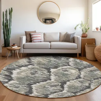 8' Charcoal Gray And Silver Round Abstract Washable Indoor Outdoor Area Rug