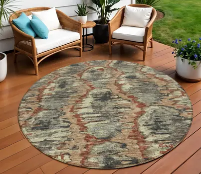 8' Copper Gray And Charcoal Round Abstract Washable Indoor Outdoor Area Rug