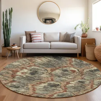 8' Copper Gray And Charcoal Round Abstract Washable Indoor Outdoor Area Rug