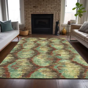 3' X 5' Brown Gold And Teal Blue Abstract Washable Indoor Outdoor Area Rug