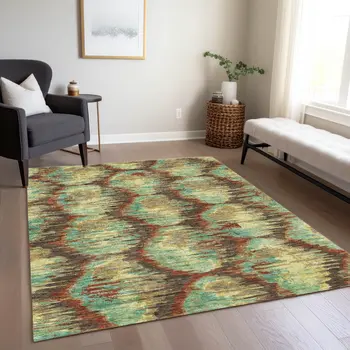 3' X 5' Brown Gold And Teal Blue Abstract Washable Indoor Outdoor Area Rug