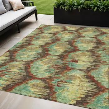 5' X 8' Brown Gold And Teal Blue Abstract Washable Indoor Outdoor Area Rug