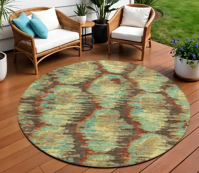 8' Brown Gold And Teal Blue Round Abstract Washable Indoor Outdoor Area Rug